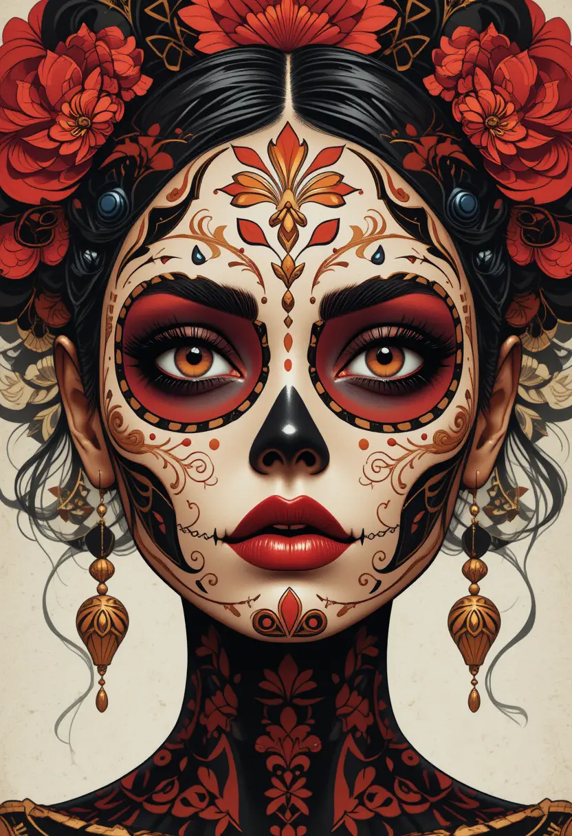 Stylized sugar skull woman portrait in graphic illustration