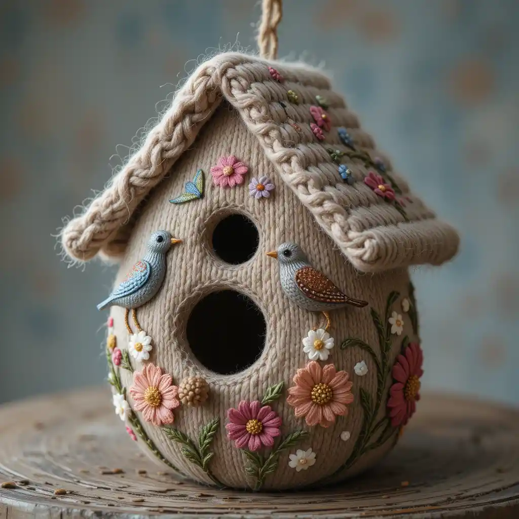 Cozy knitted wool birdhouse with floral and bird embroidery