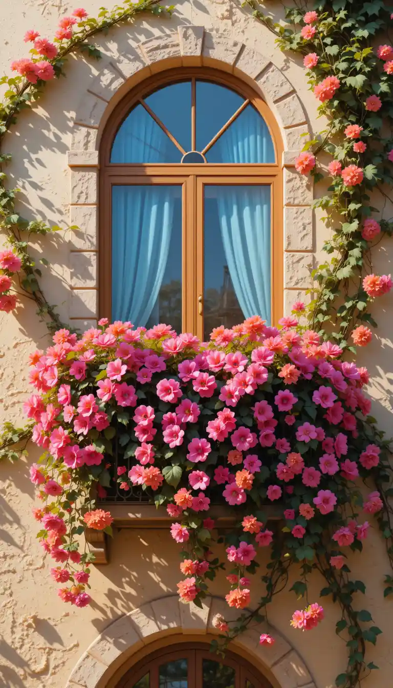 3d rendered building facade with flowering vines and balcony