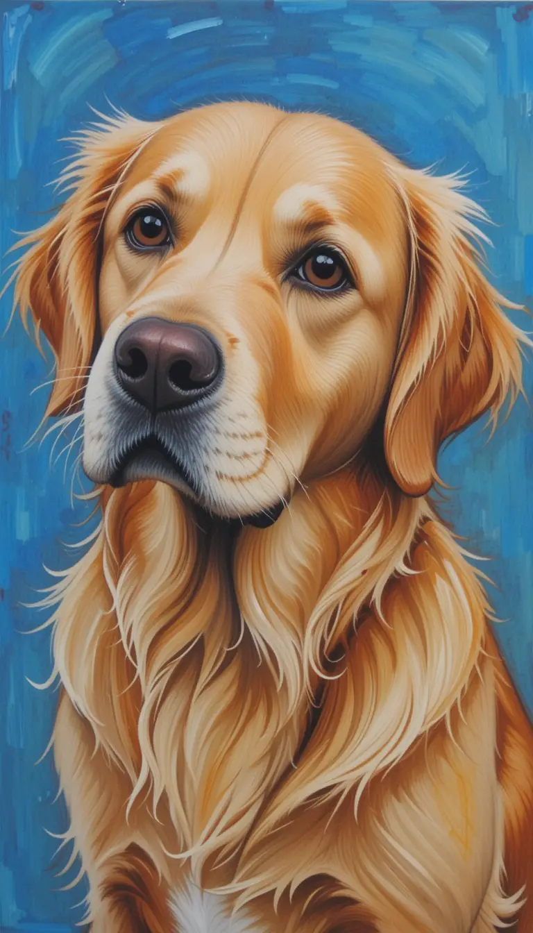 Adorable golden retriever portrait in naive acrylic art