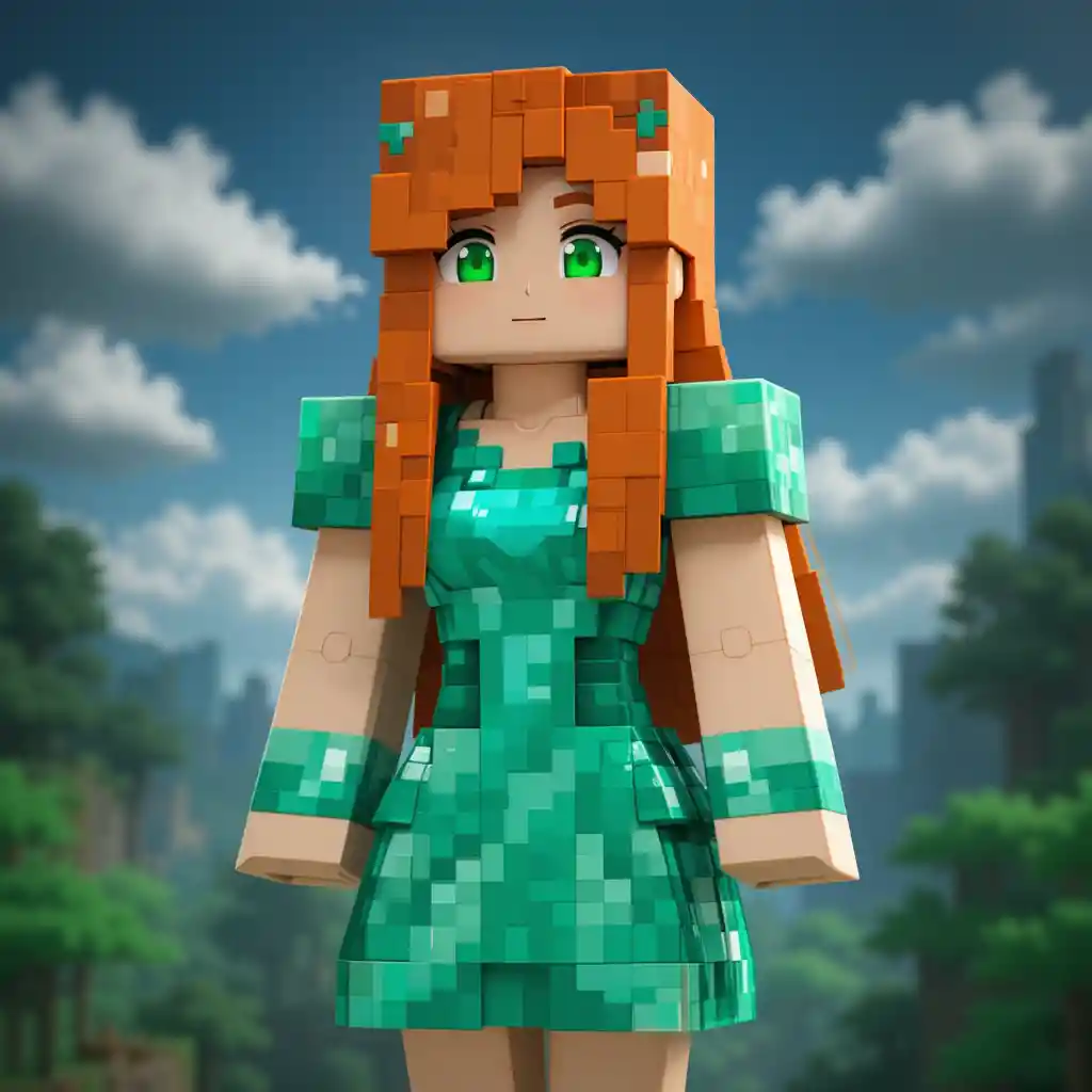 Blocky fantasy woman with long orange hair and diamond dress