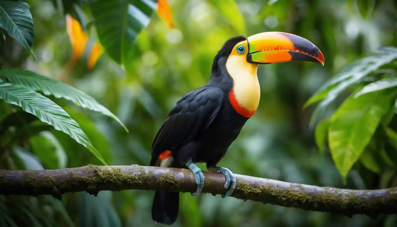 Colorful toucan on tropical branch in lush rainforest