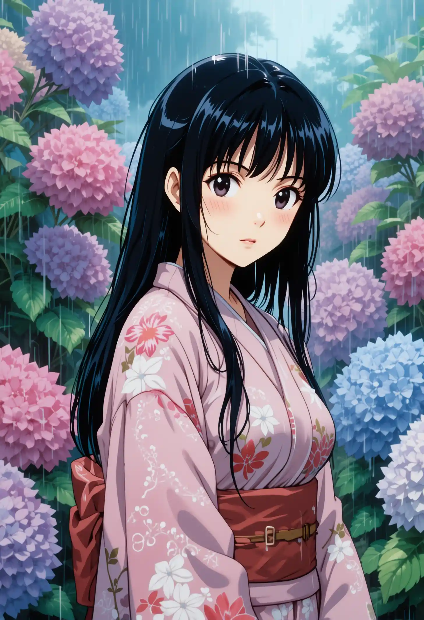 Woman in kimono standing among rainy hydrangea flowers