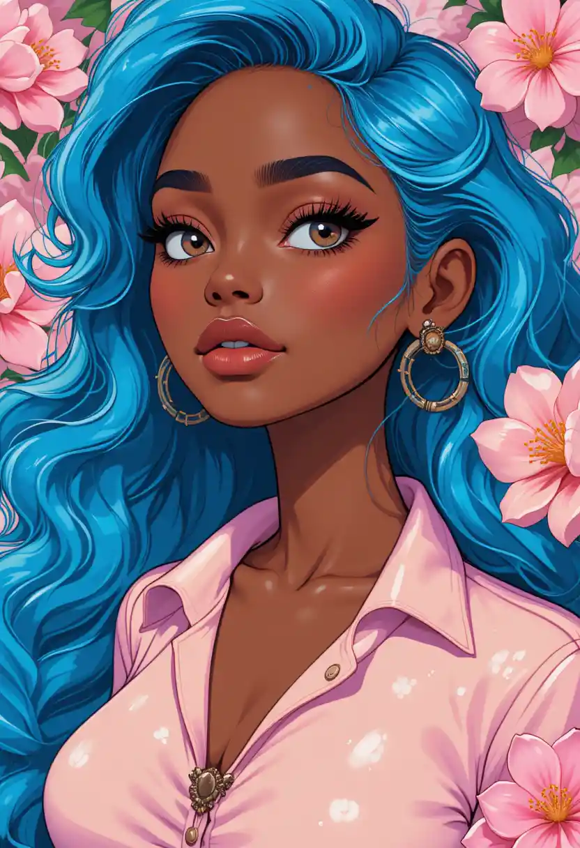 Cartoon girl with blue curly hair in soft pastel glow