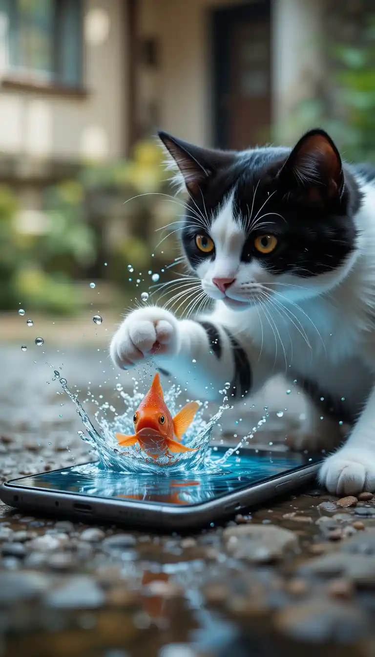 Gato assistindo a um vídeo de peixe na tela de um smartphone