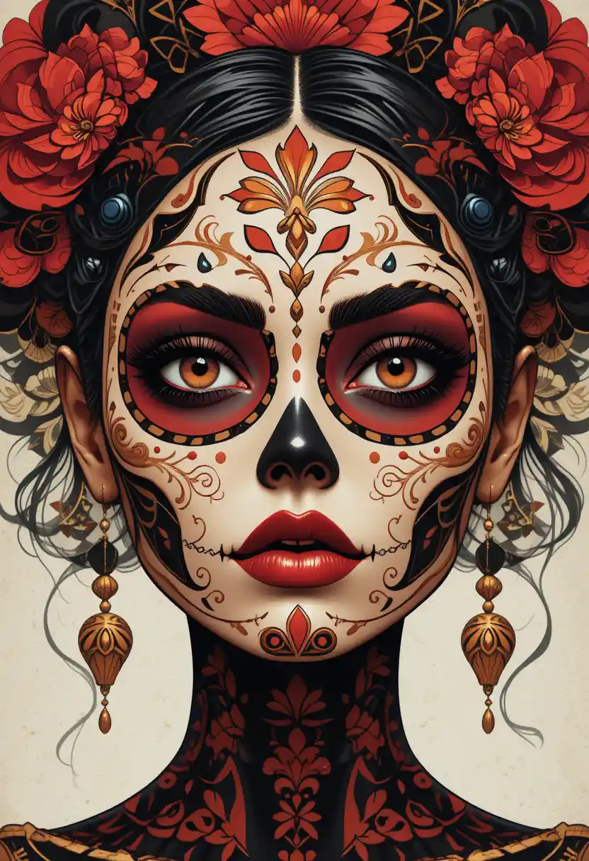 Stylized sugar skull woman portrait in graphic illustration