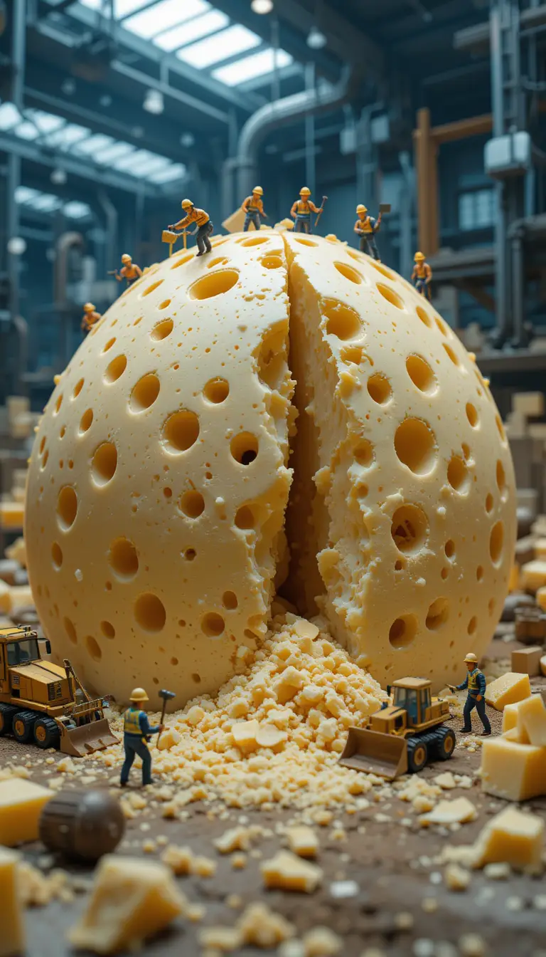 Miniature workers carving a giant swiss cheese mountain