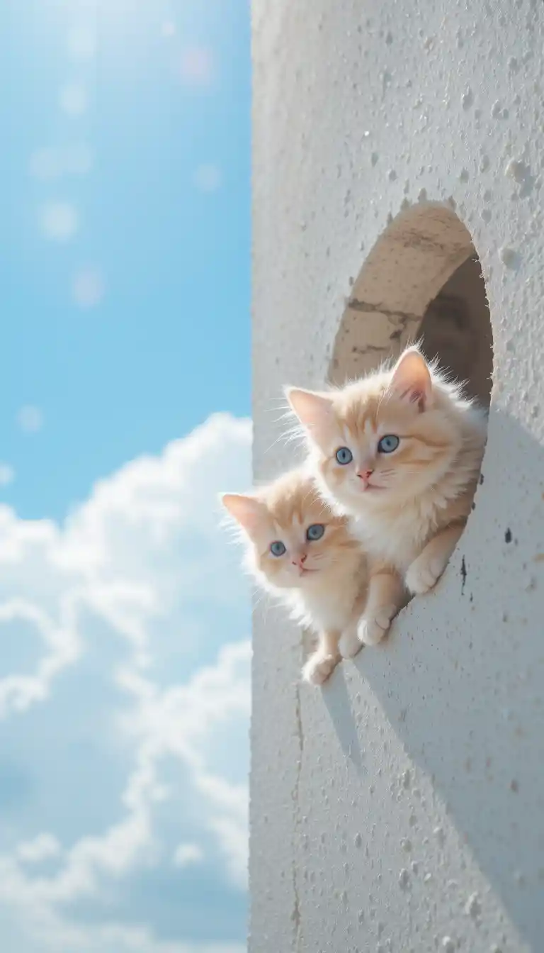 Two fluffy kittens peeking from a sunlit white wall