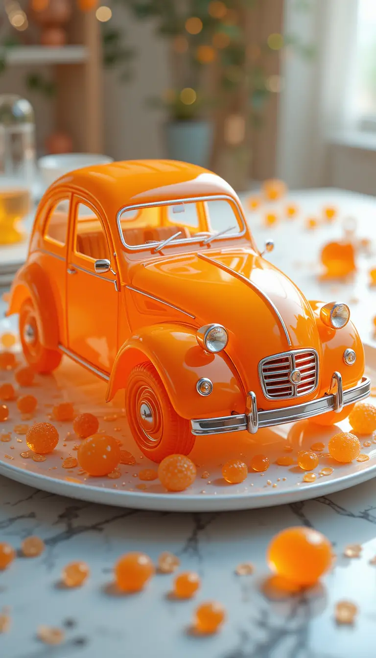 Orange Gelatin Car Sculpture On Dessert Plate