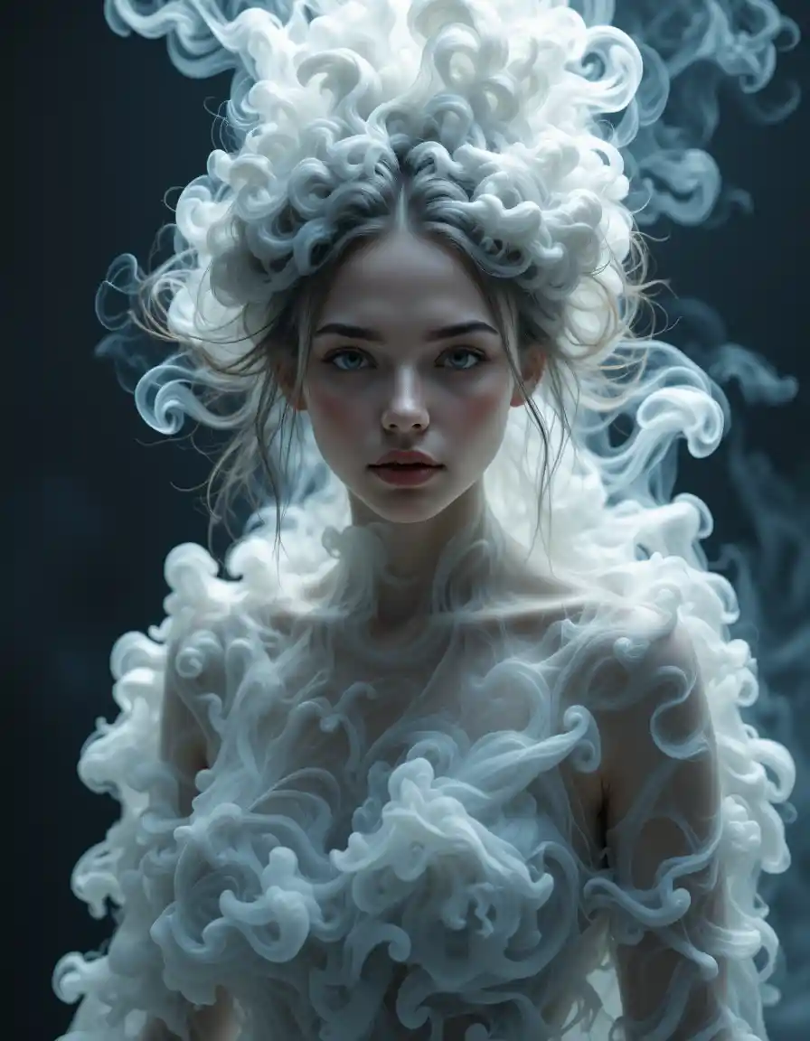 Young woman emerging as a smoke formed fantasy goddess