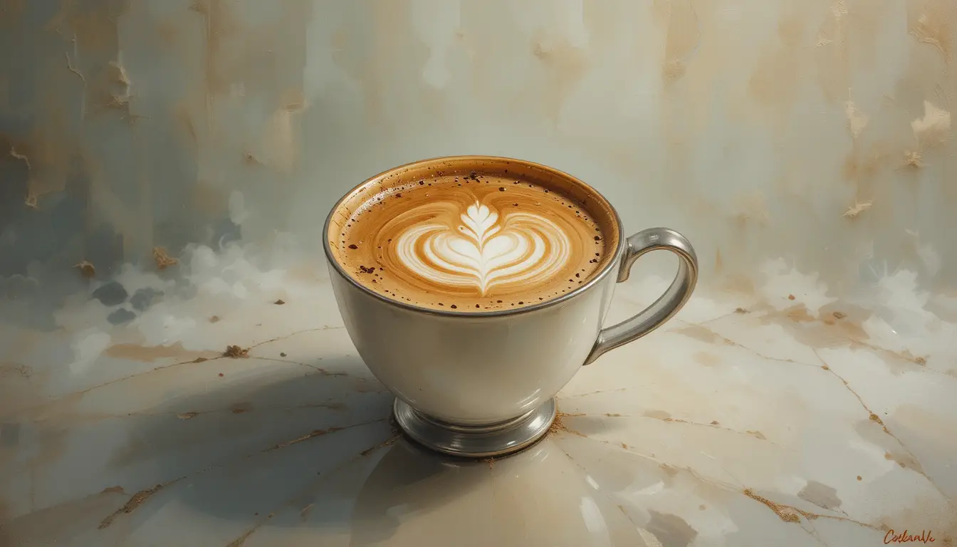 Artistic oil painting of a coffee latte with ethereal background