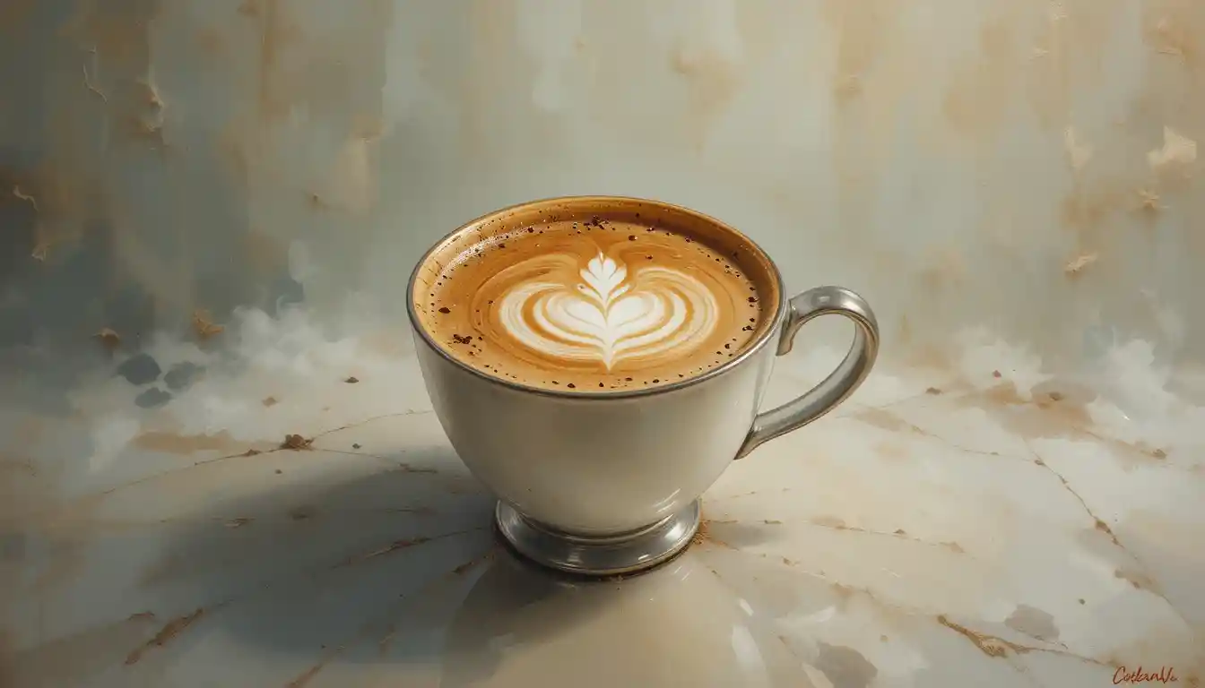 Artistic oil painting of a coffee latte with ethereal background