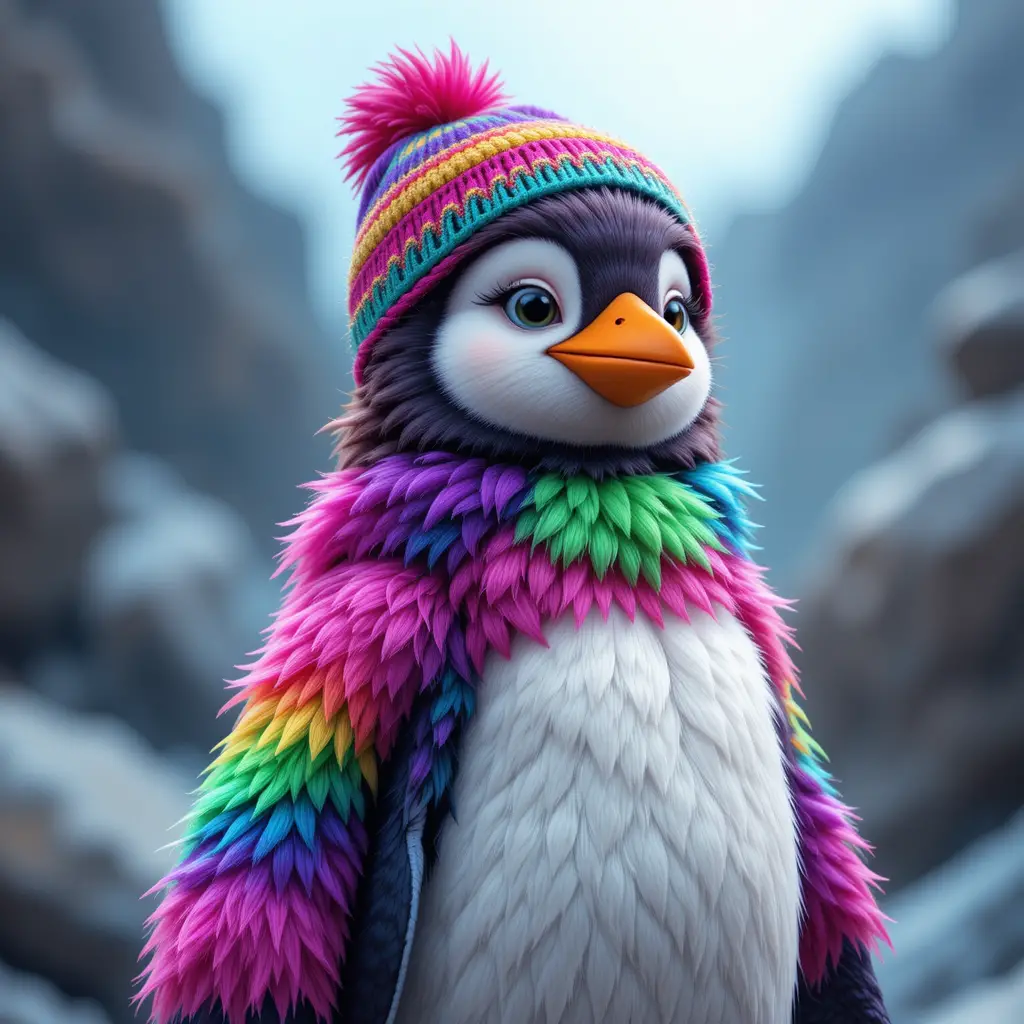 Colorful digital penguin with vibrant rainbow feathers