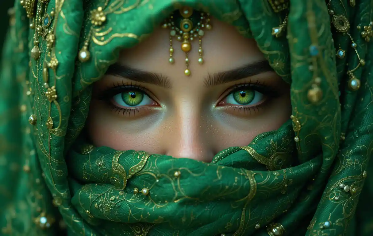 Mystical close up portrait of woman with green eyes