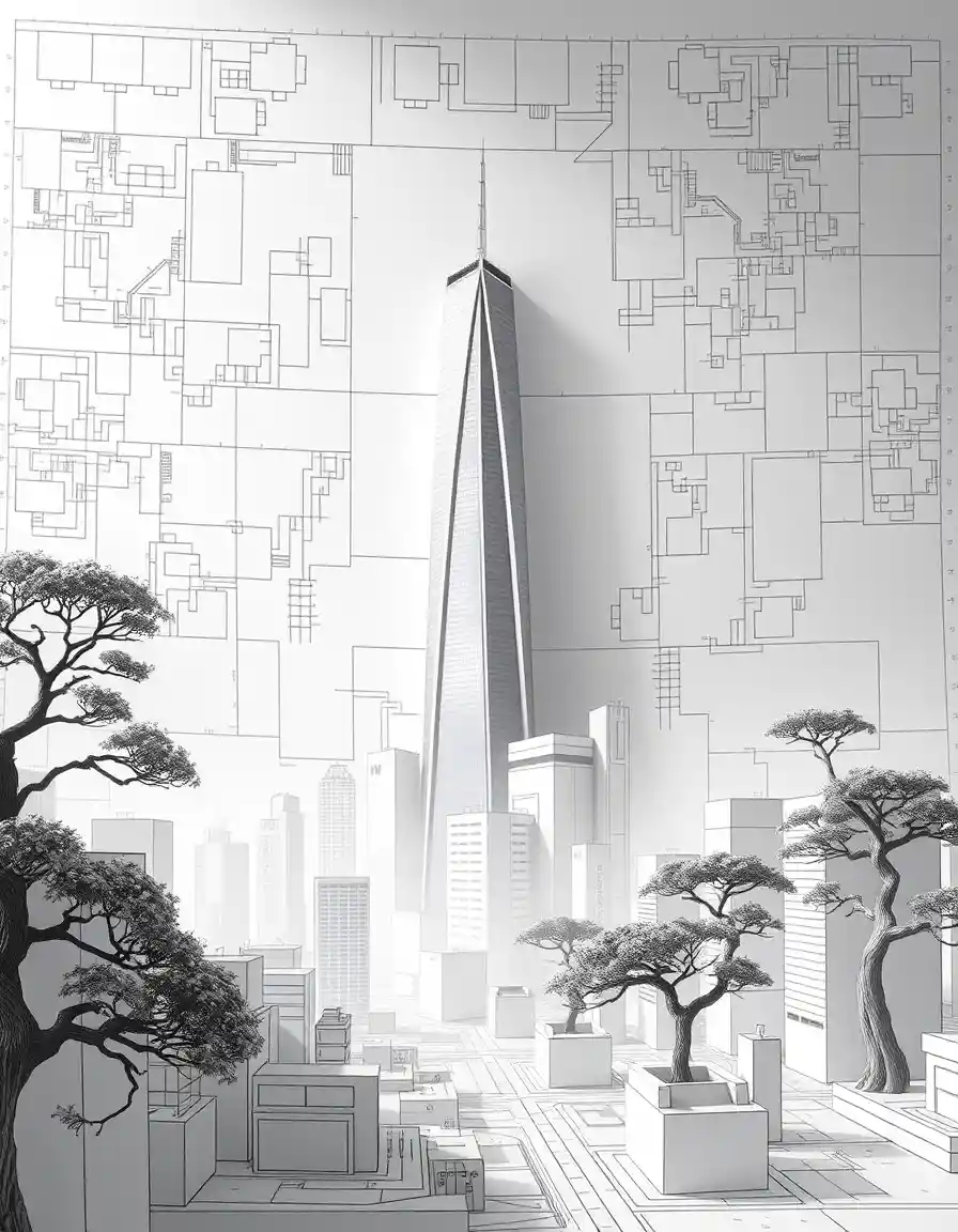 Surreal grayscale cityscape emerging from floating architectural blueprint