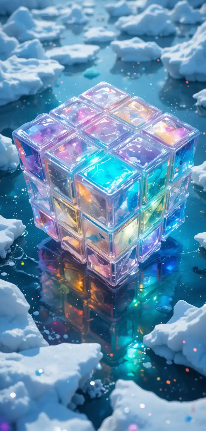 Enorme labirinto di cubo di Rubik di ghiaccio sospeso sopra un lago riflettente