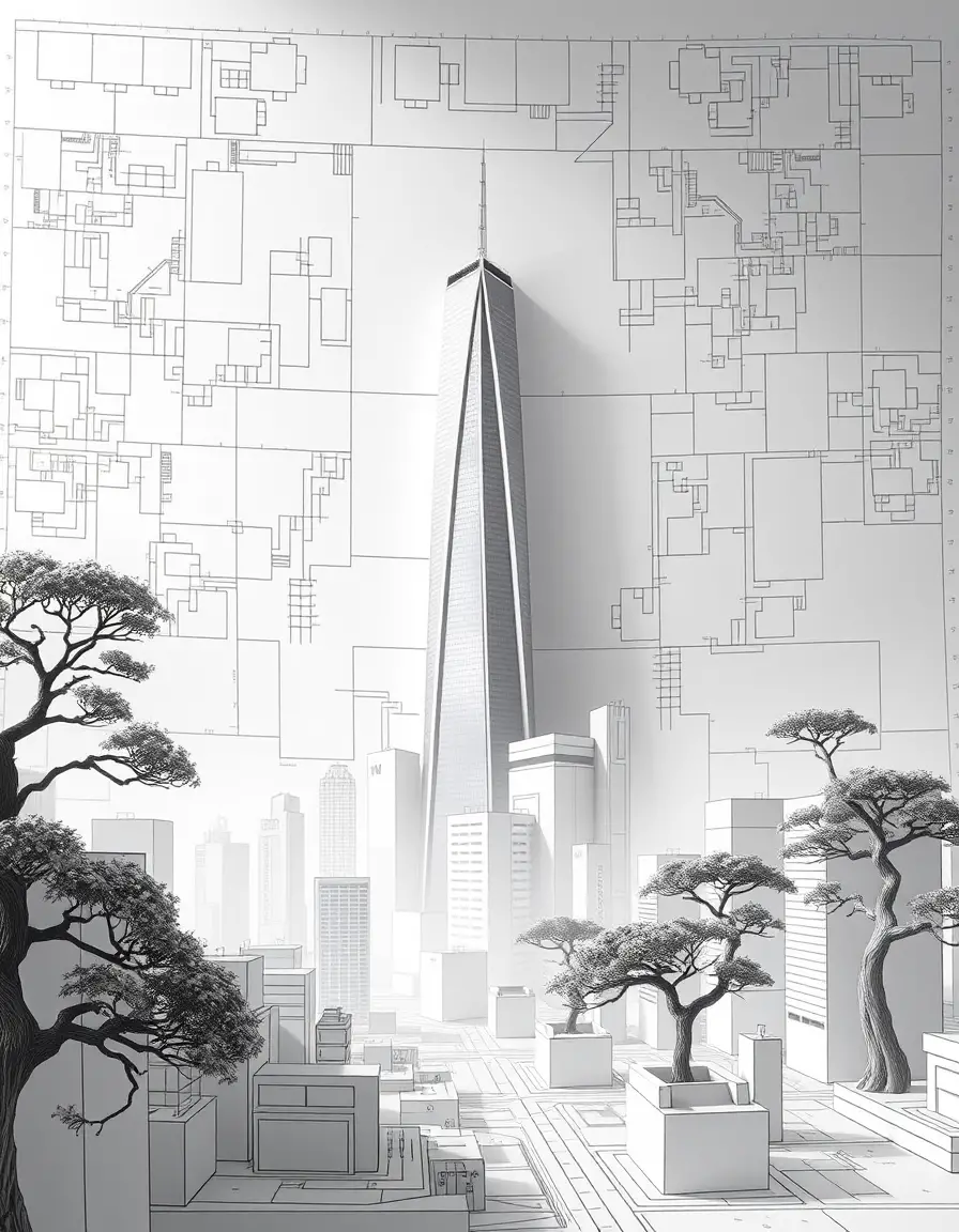 Surreal grayscale cityscape emerging from floating architectural blueprint
