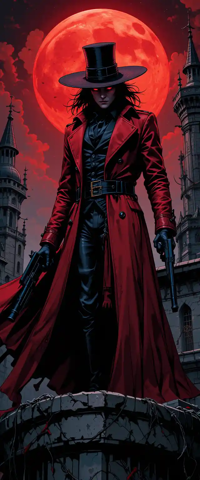 Vampire warrior on a crumbling castle balcony at blood moon