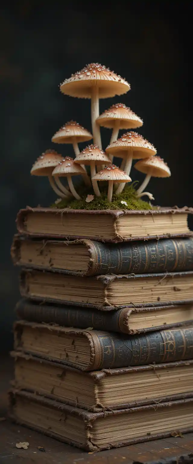 Verwitterte Bücher mit bunten Pilzen vor dunklem Hintergrund