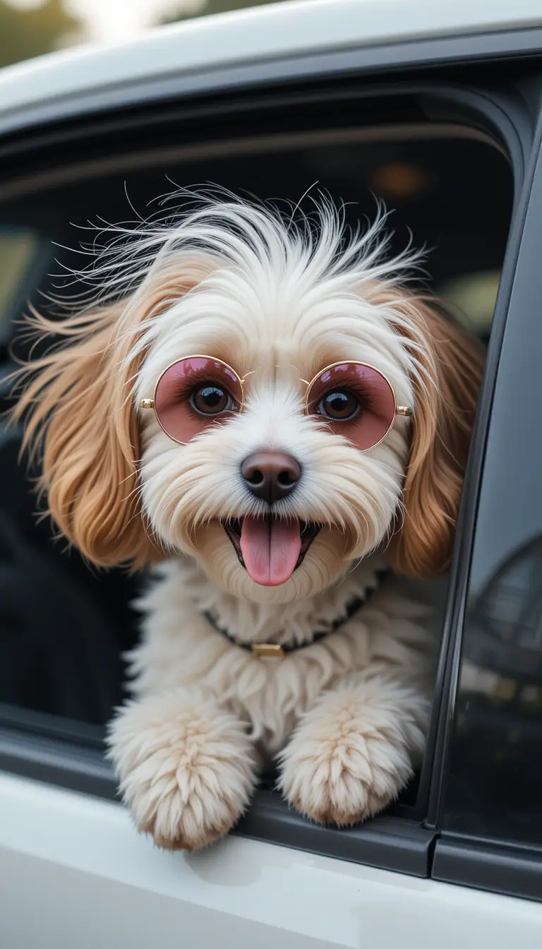 Cute cavapoo dog enjoying wind with round sunglasses