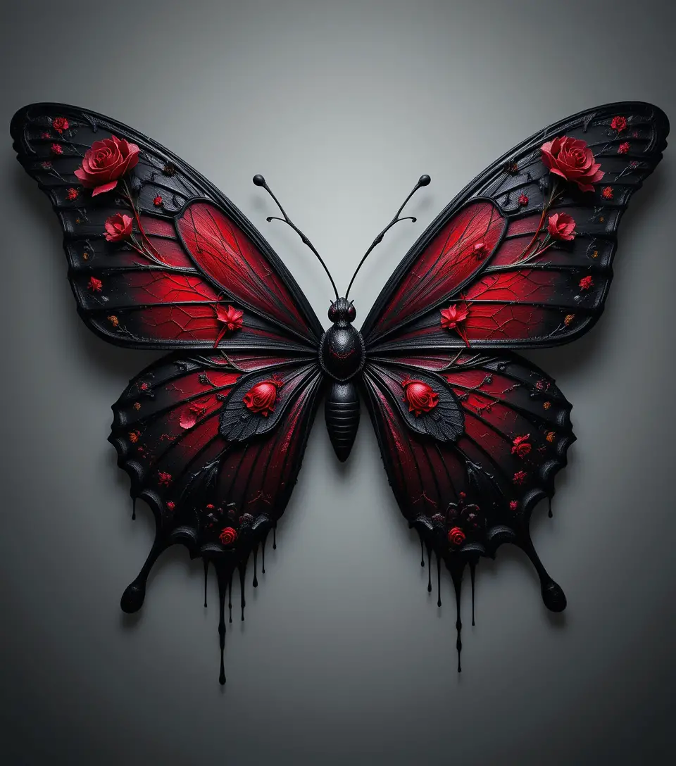 Gothic butterfly with red roses and dark dripping wings