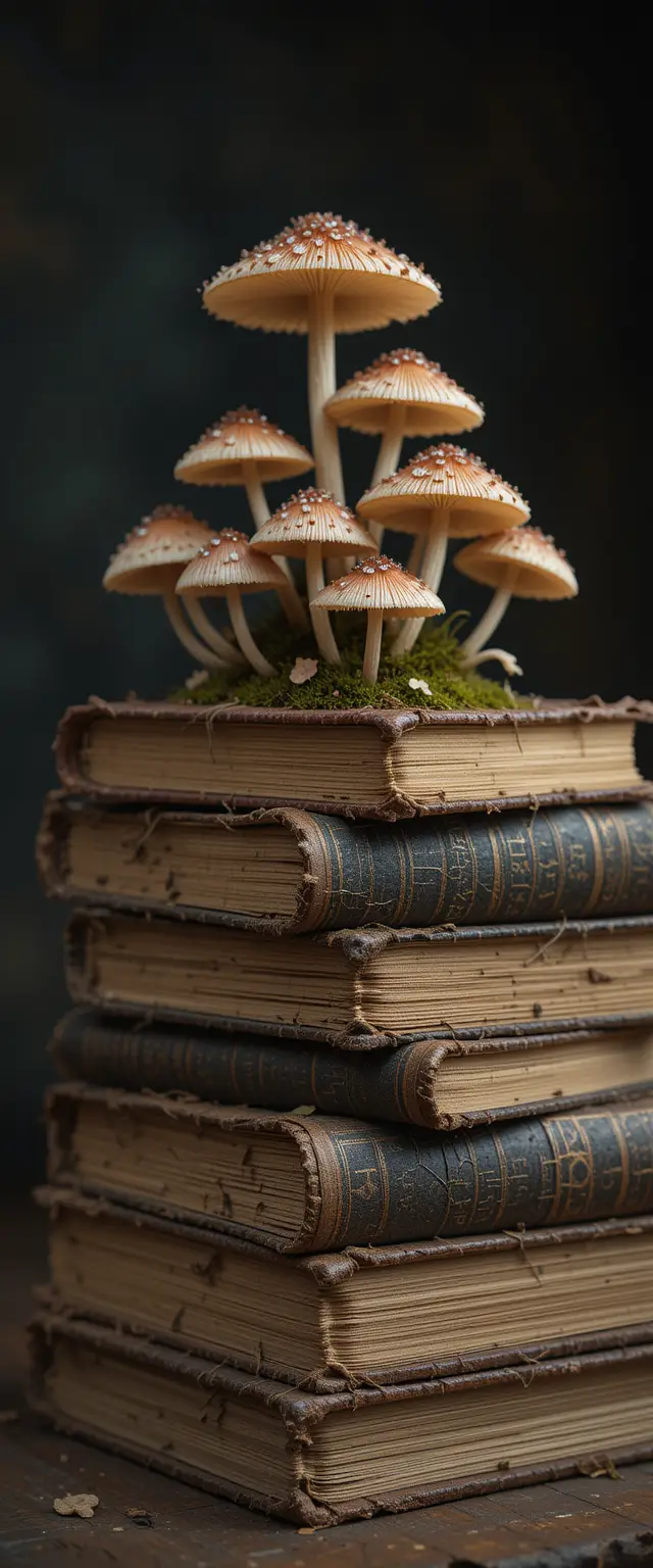 Weathered books with colorful mushrooms in dark background