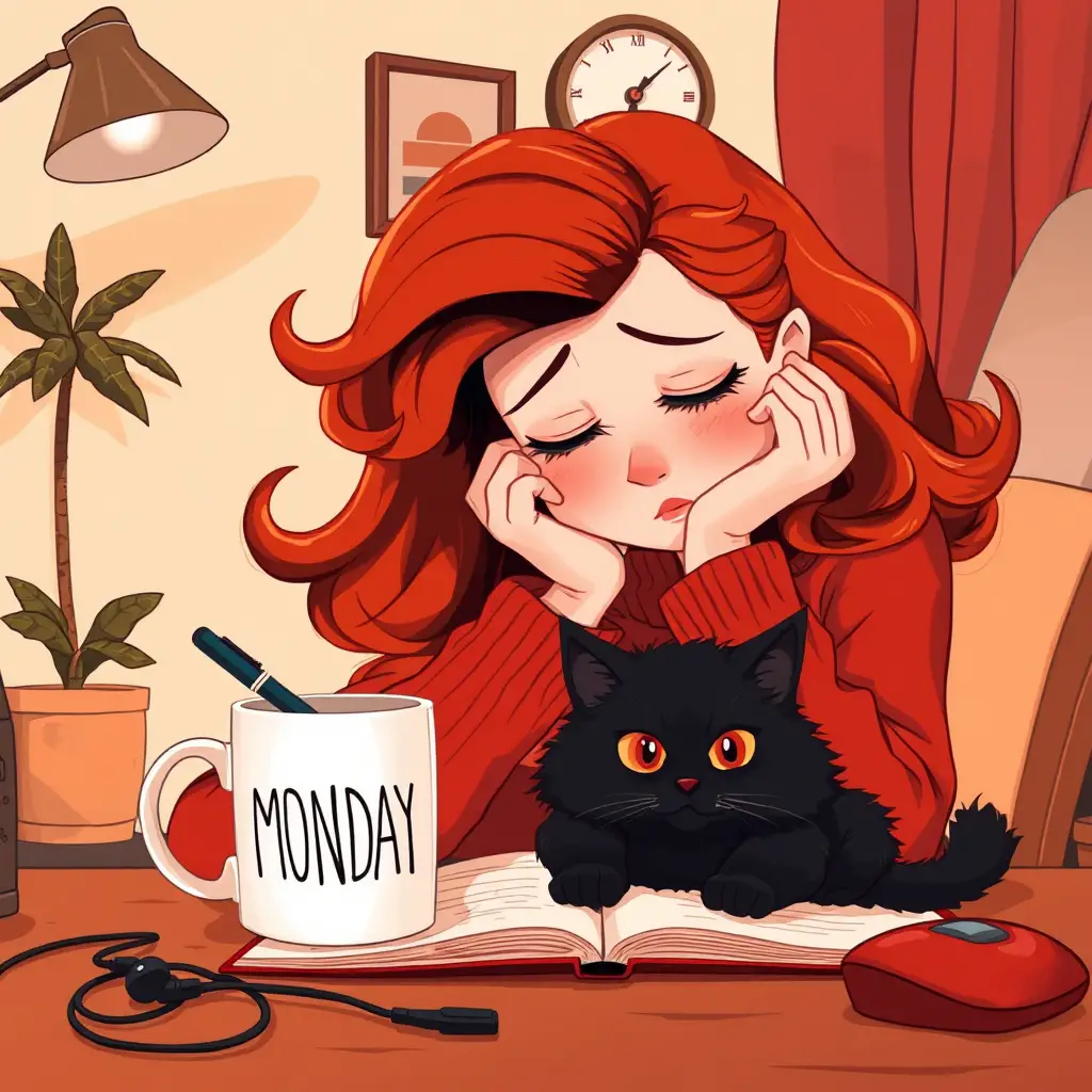 Tired red haired girl with black cat on monday