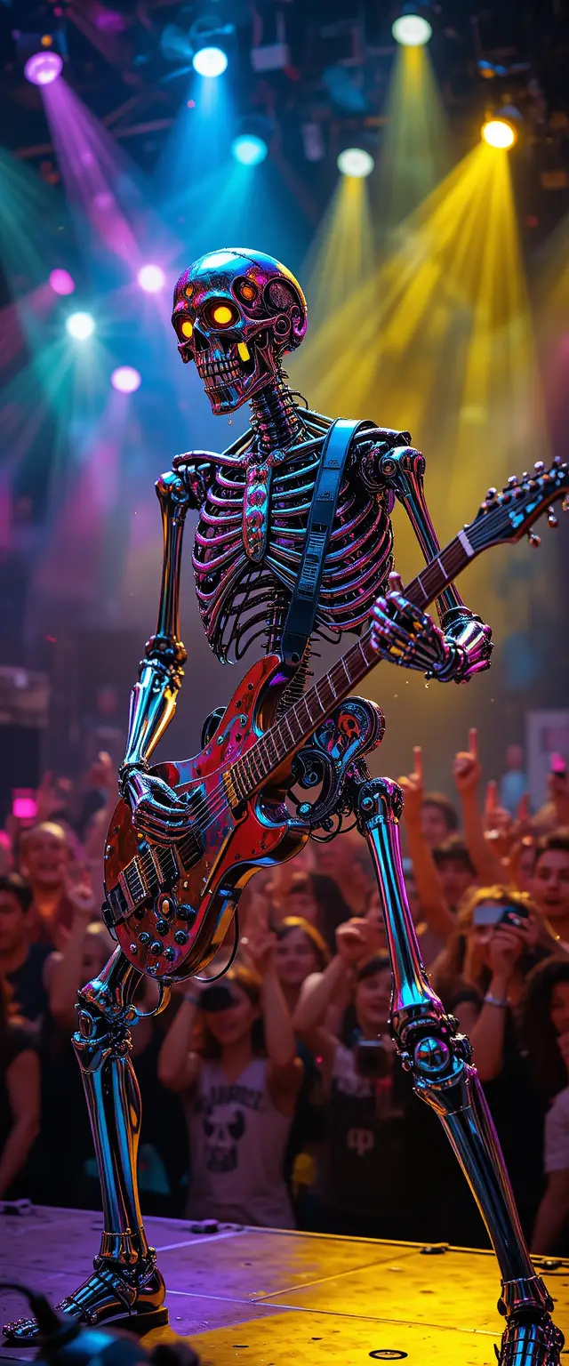 Chrome robot skeleton playing guitar under colorful stage lights