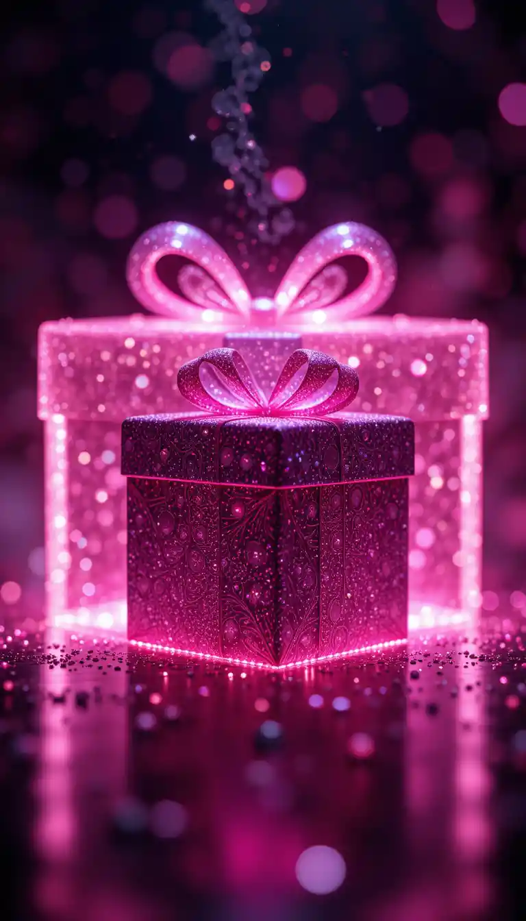 Cinematic close up of glowing gift box on dark background
