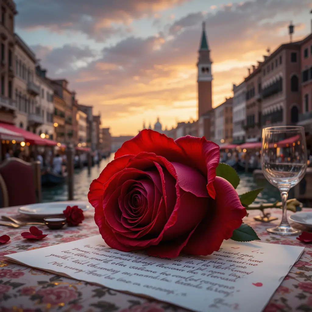 Ruby red rose on love letter at romantic dinner table