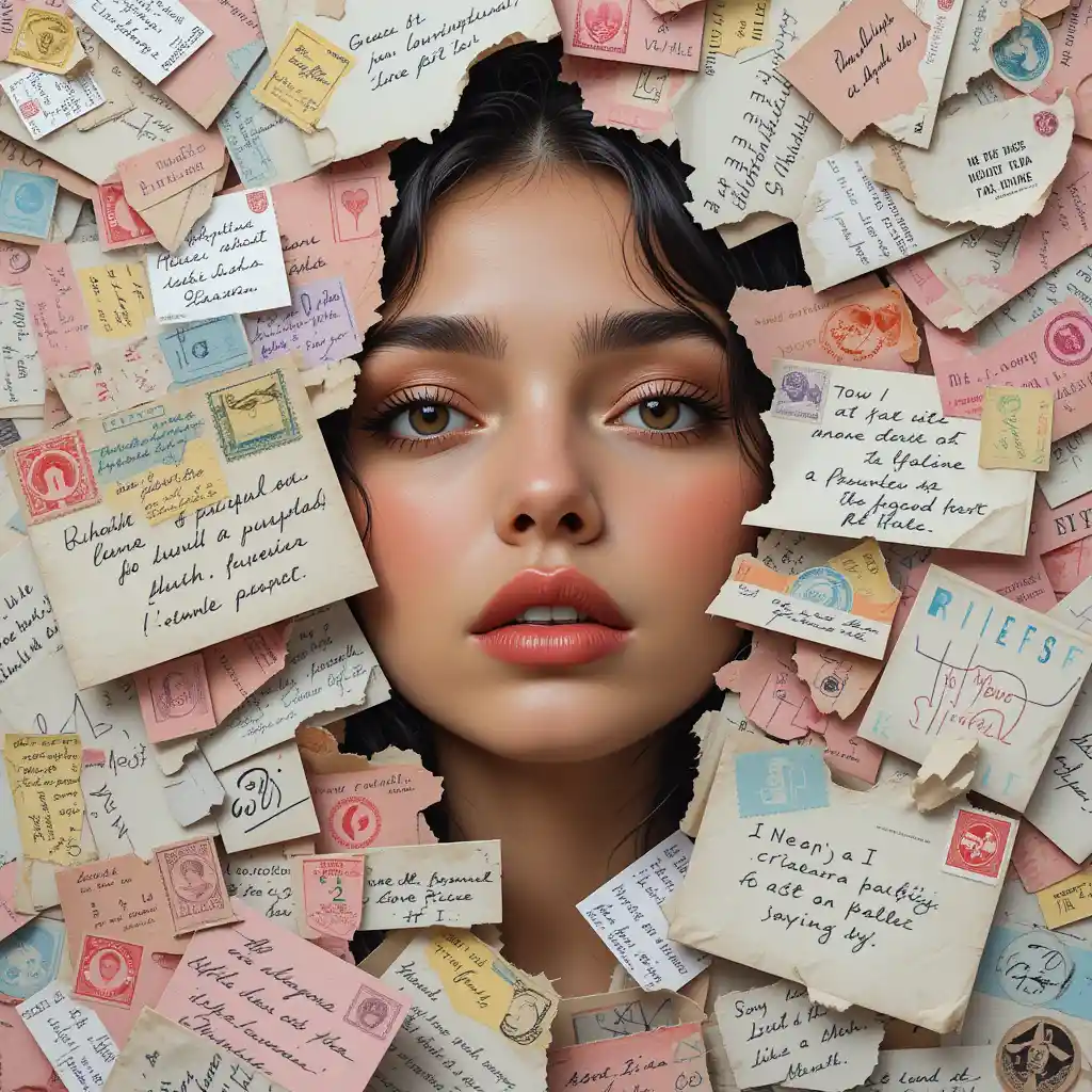 Surreal woman portrait emerging from colorful love letters