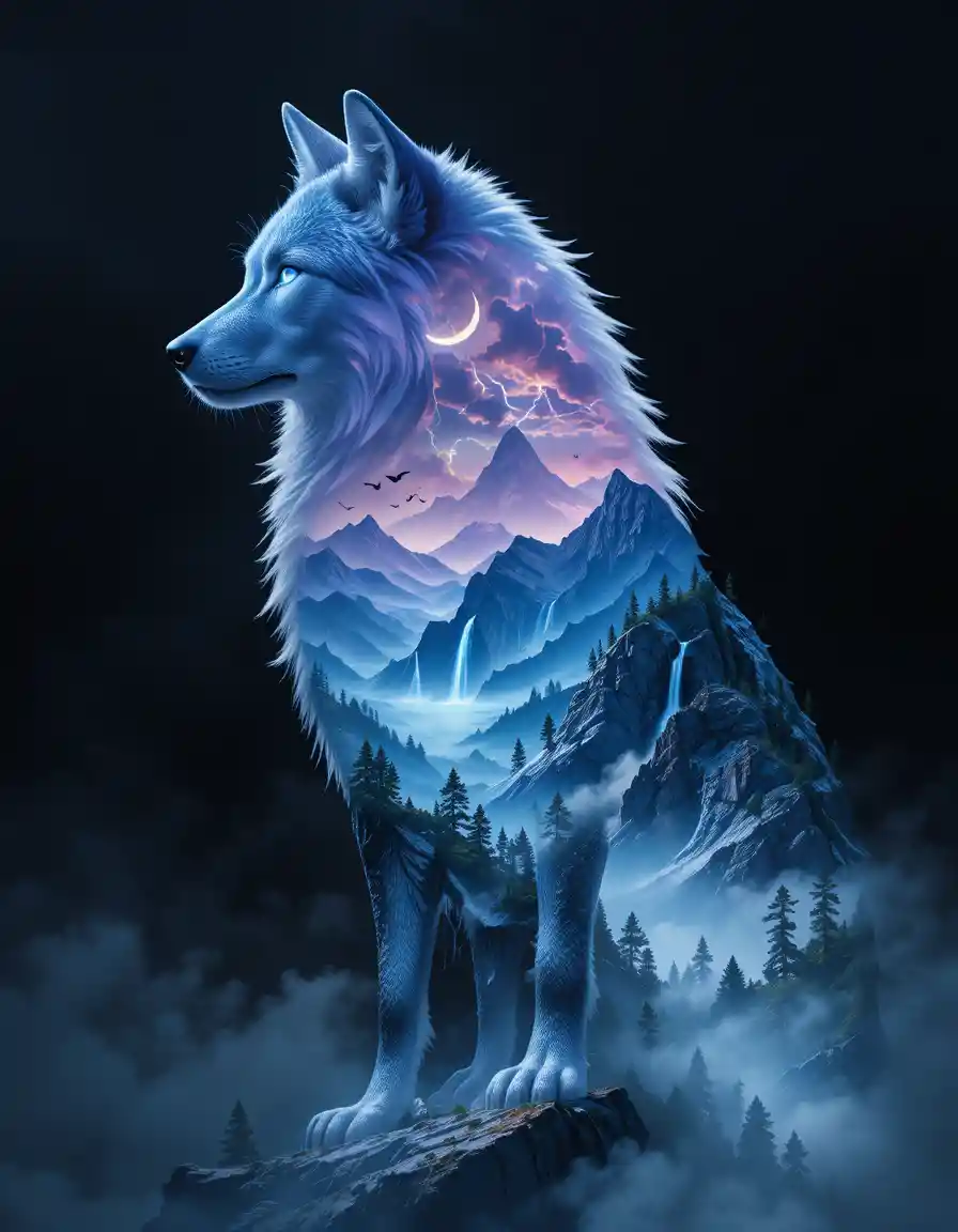 Elegant wolf silhouette with surreal mountain landscape within
