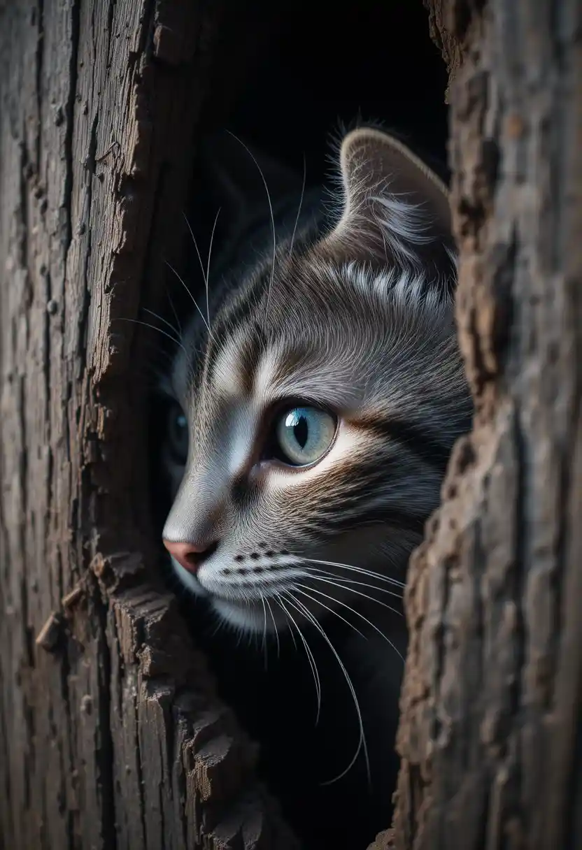 Cat eye peeking through cracked wooden wall in shadow