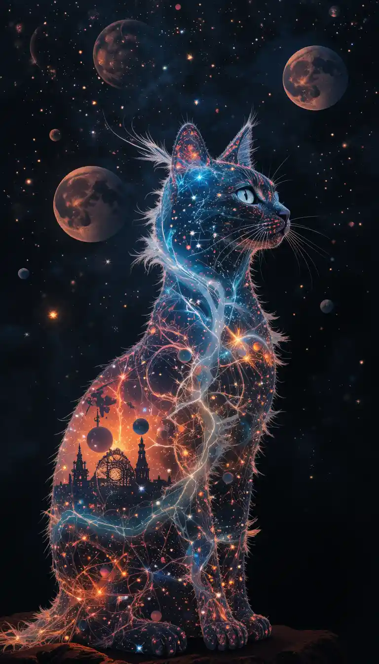 Silhouette de chat cosmique avec planètes et étoiles