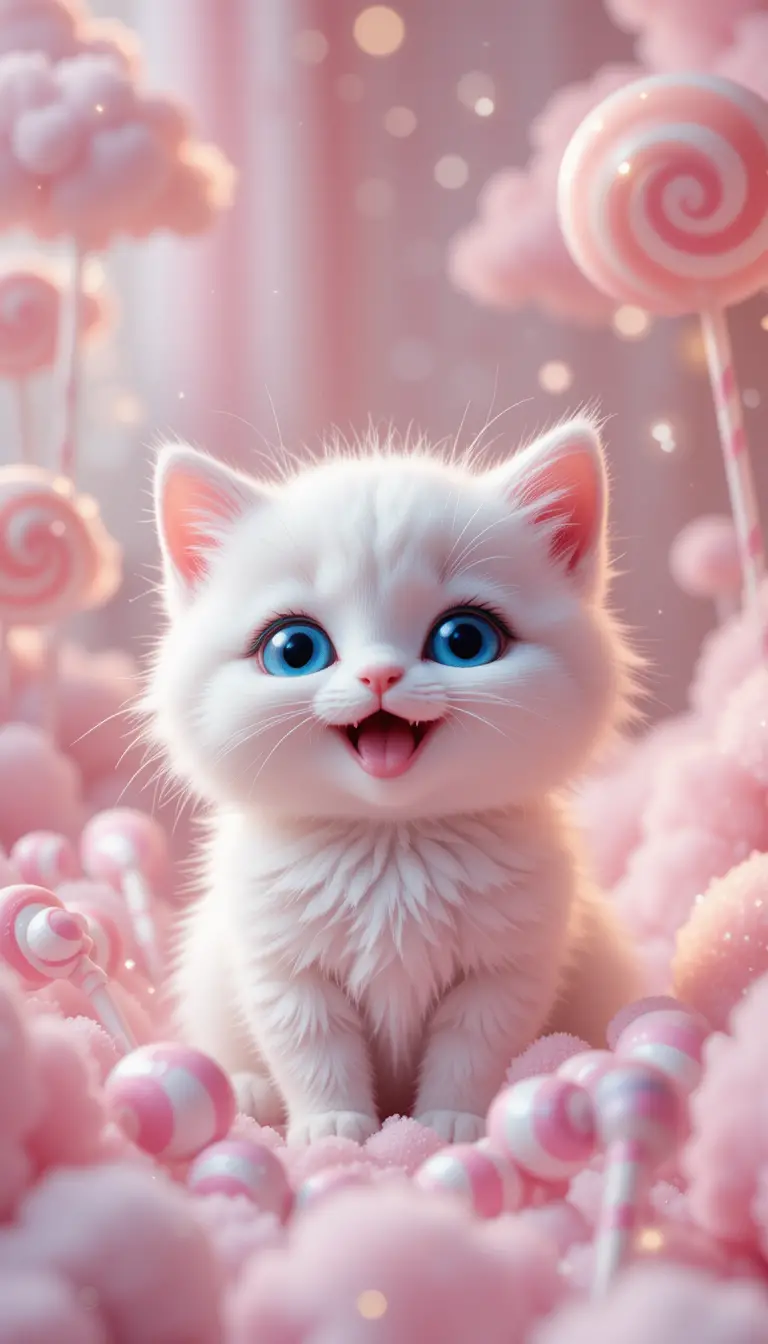 Smiling white kitten in a magical pastel candyland
