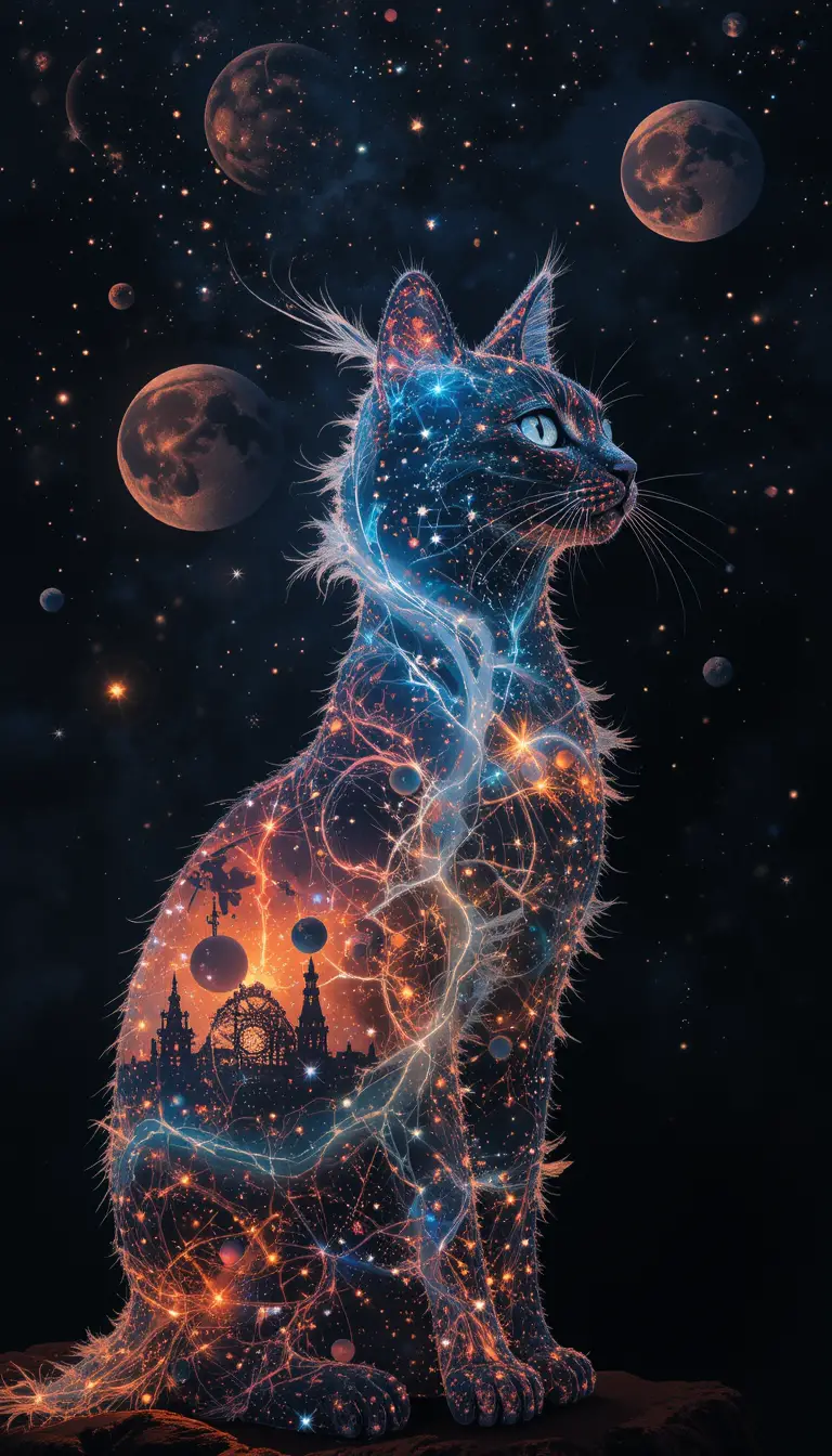 Cosmic cat silhouette with planets and stars