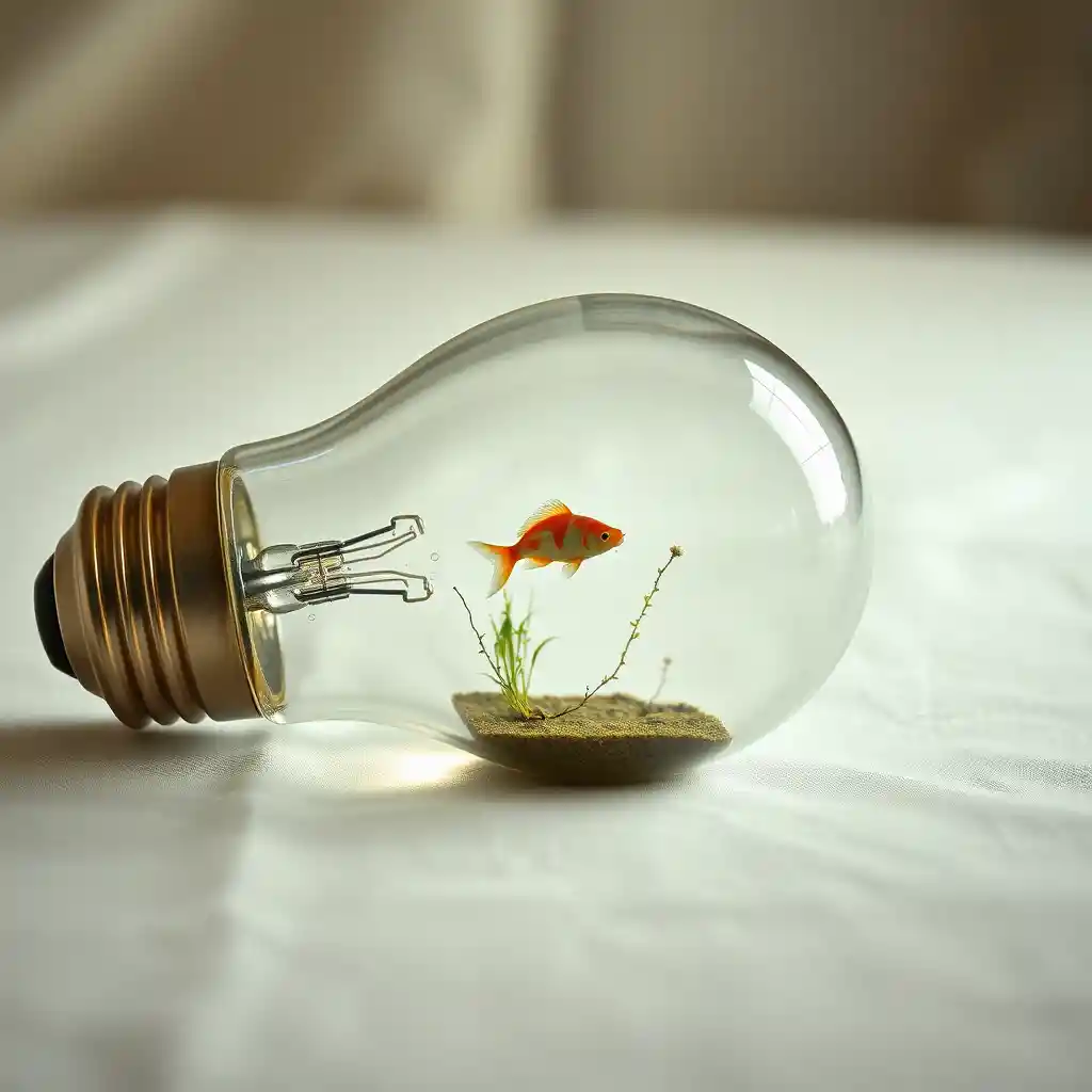 Lampadina di vetro surreale con un minuscolo mondo sottomarino