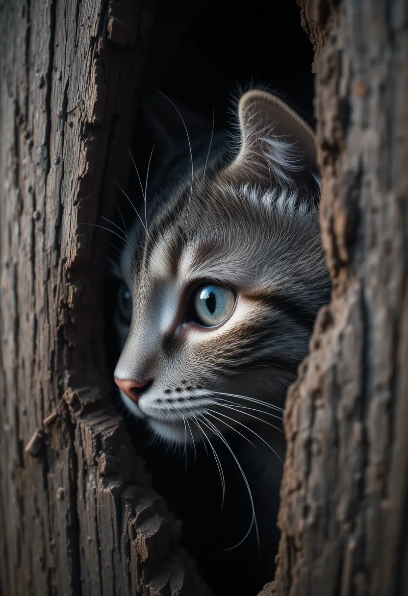 Cat eye peeking through cracked wooden wall in shadow