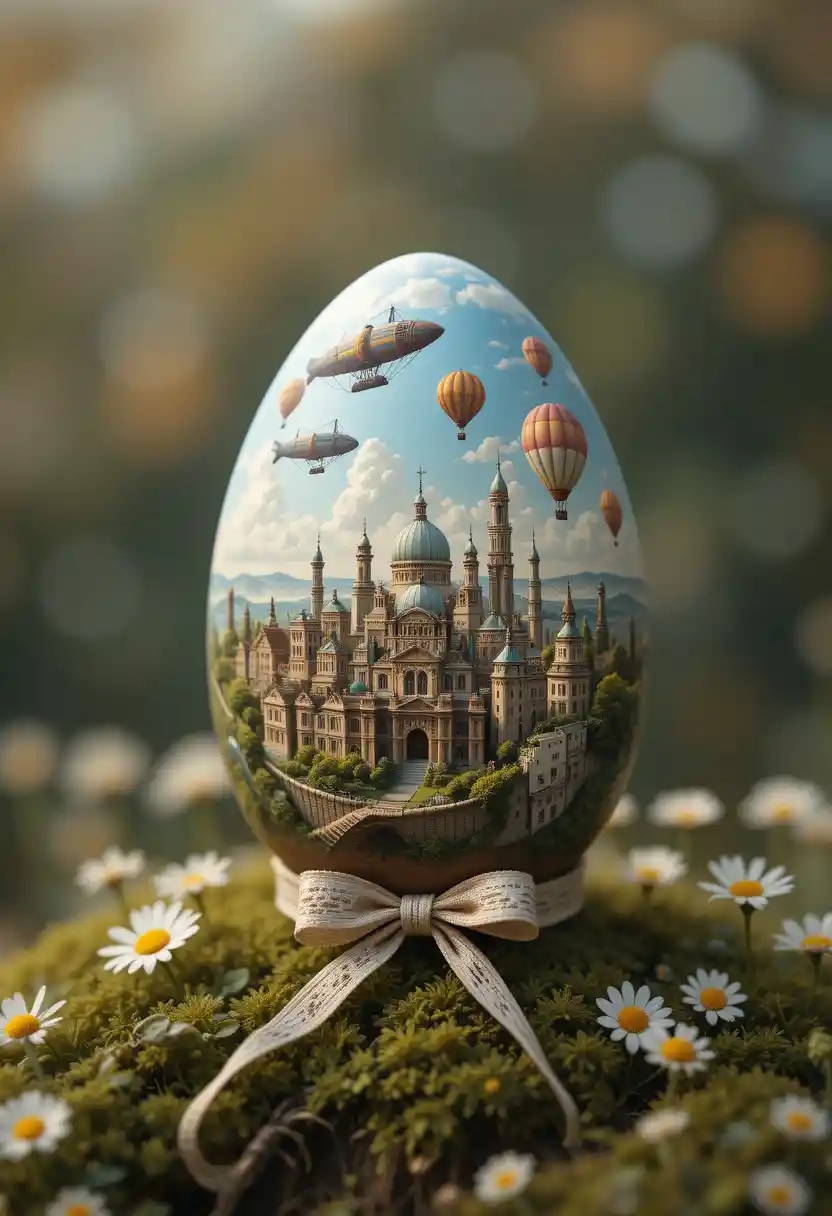 Fantasy world egg on moss with steampunk cityscape