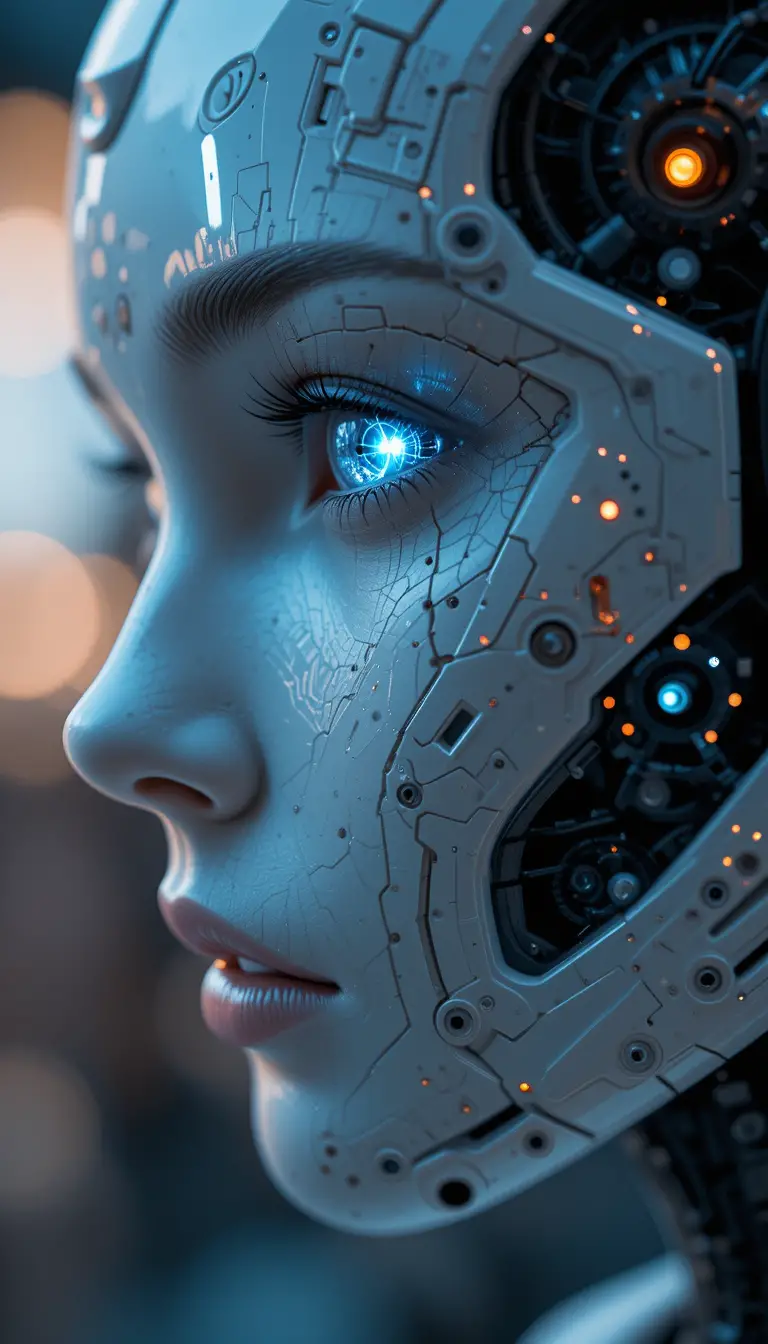Futuristic android face with holographic reflection close up