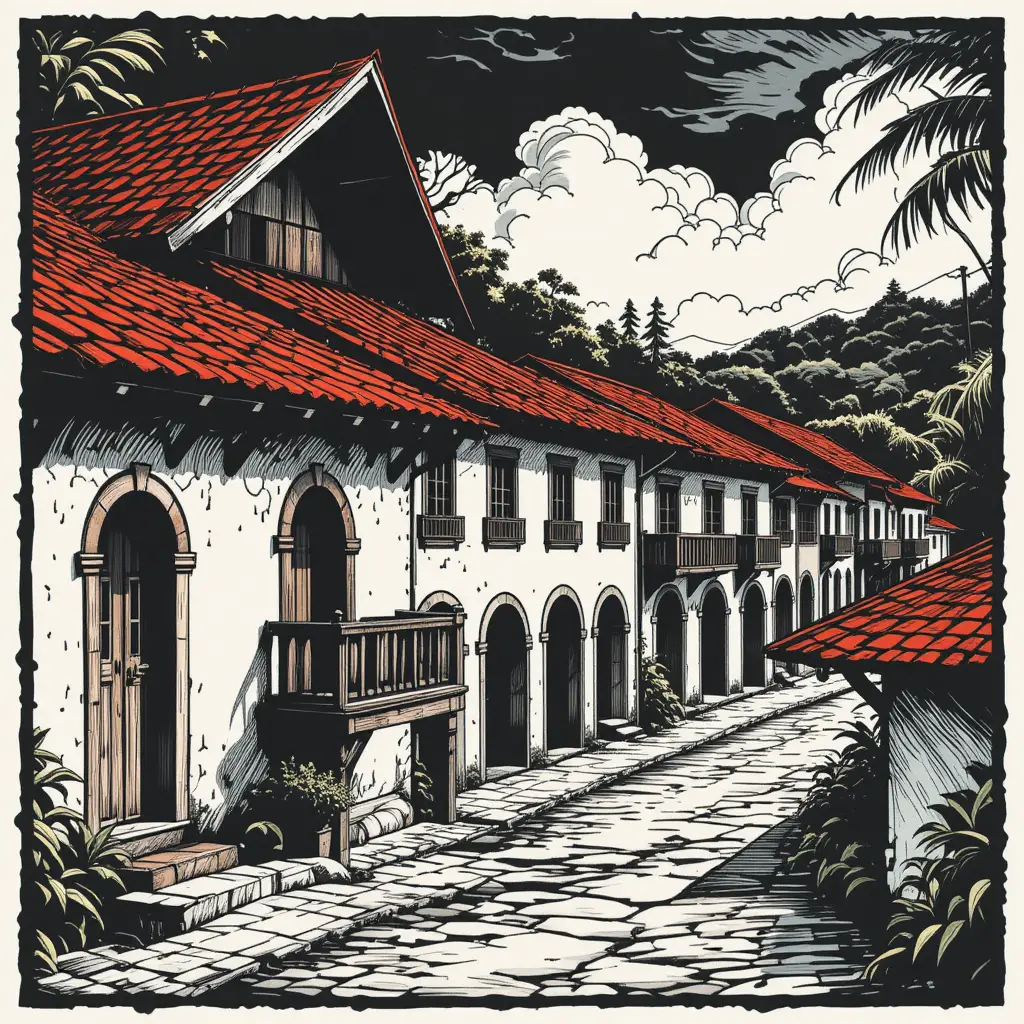 Traditional brazilian village with colonial houses in woodcut style