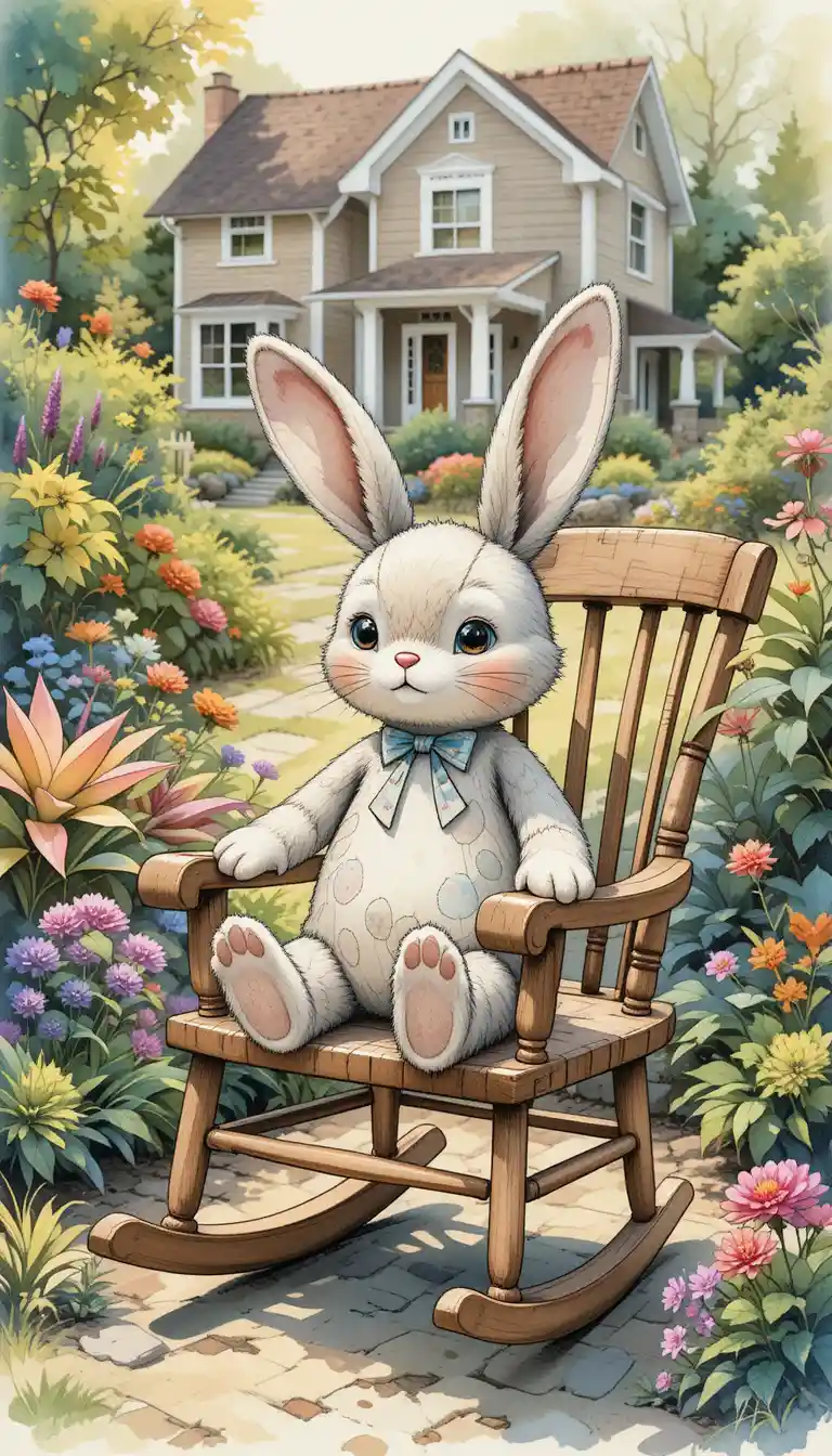 Patchwork rabbit on rocking chair in a sunny garden