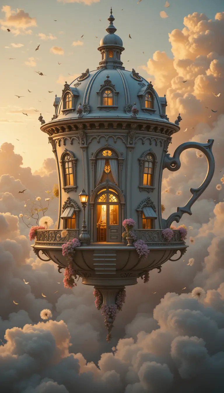 Floating porcelain teacup palace in golden sunset clouds