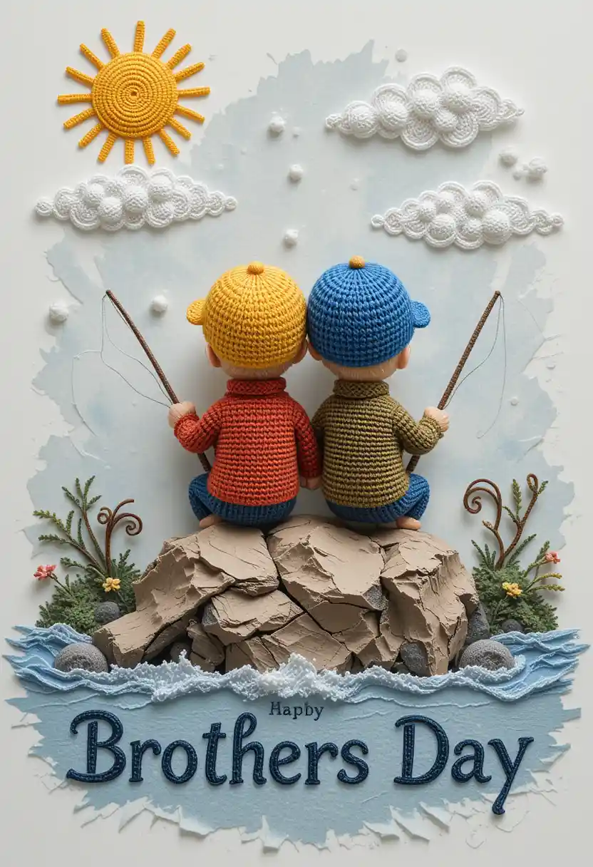 Textile toddler dolls fishing on paper riverbank