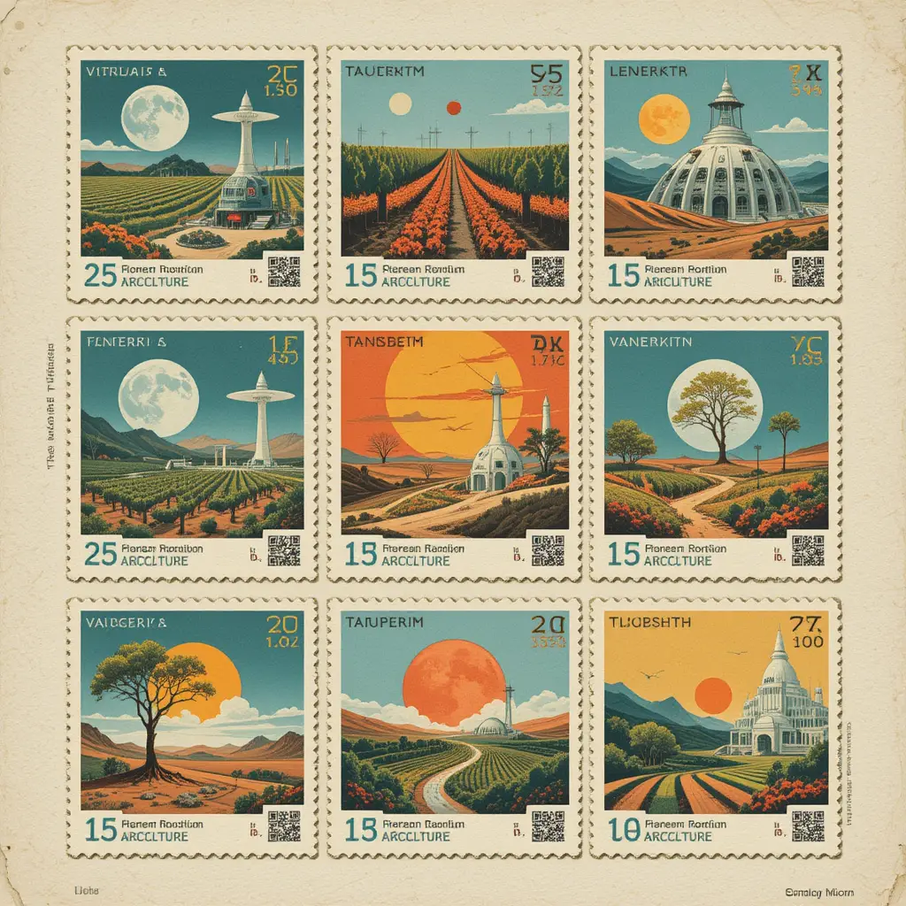 Retro futurist stamp sheet of future space agriculture