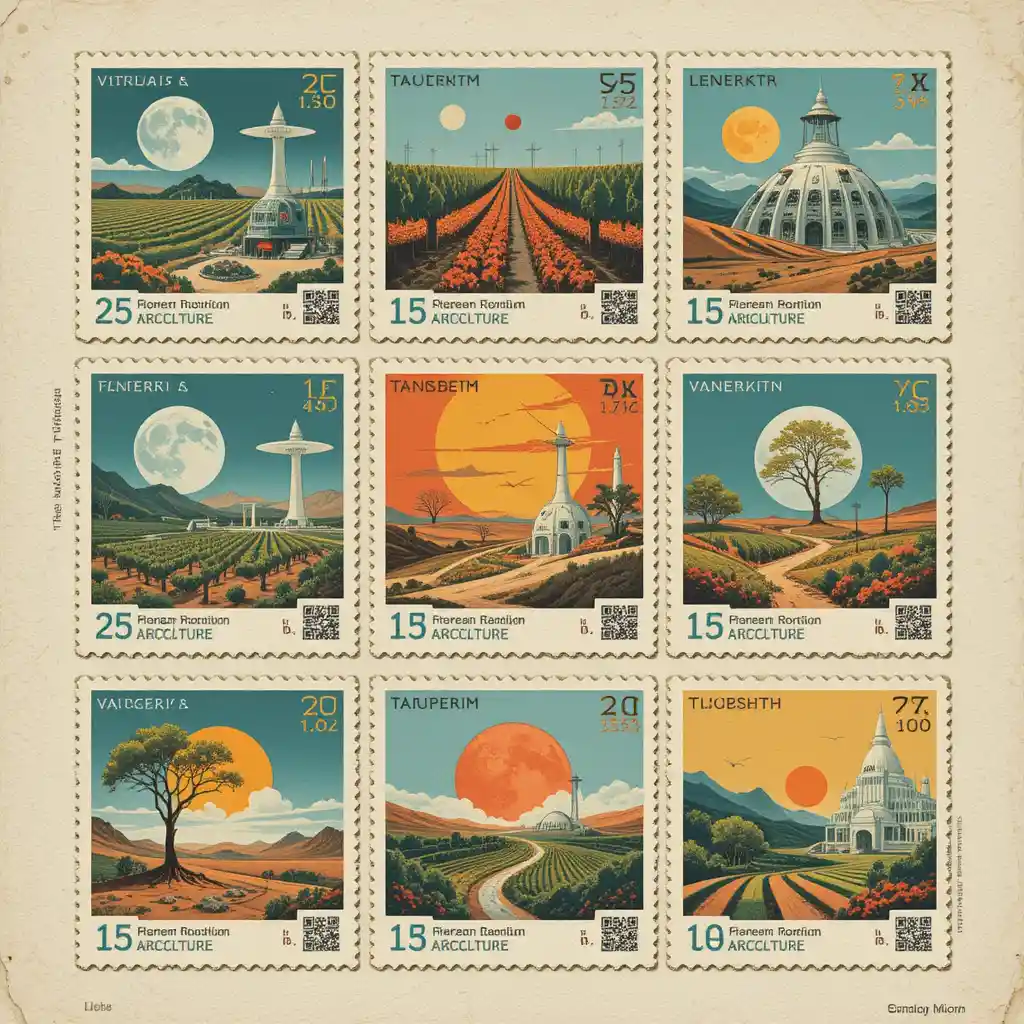 Retro futurist stamp sheet of future space agriculture