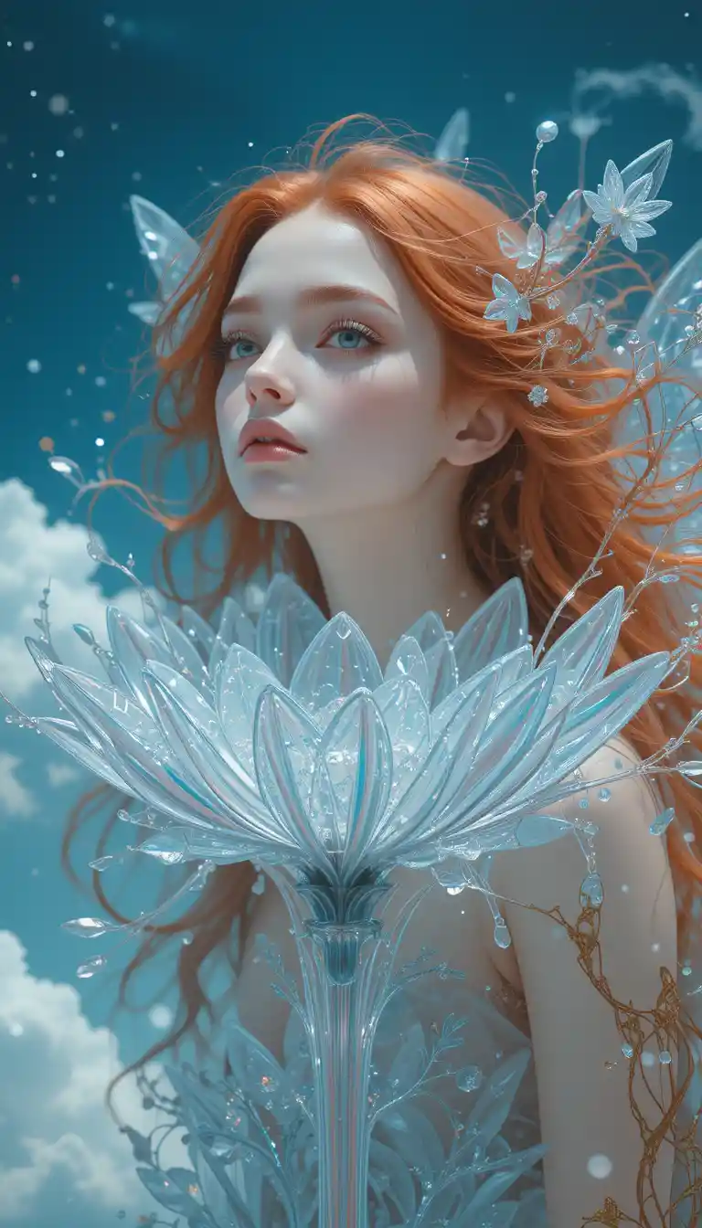 Fiery haired fairy goddess with glass flowers in sky