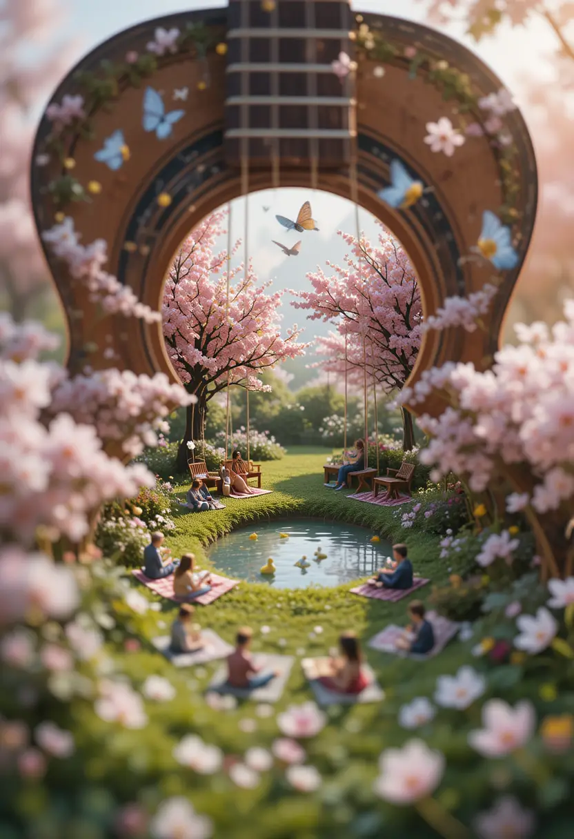 Tiny spring garden and picnic inside an acoustic guitar
