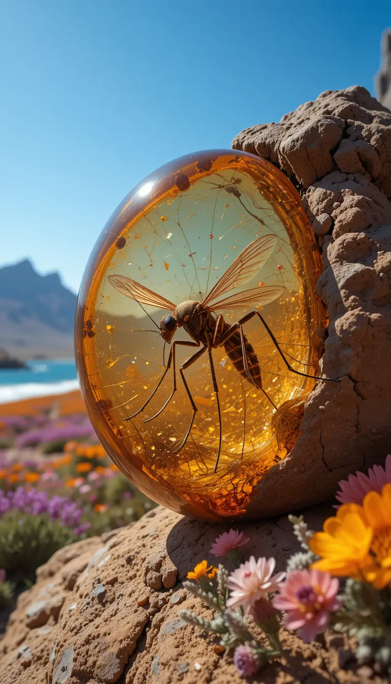 Mosquito Trapped In Ancient Amber On Tropical Shoreline
