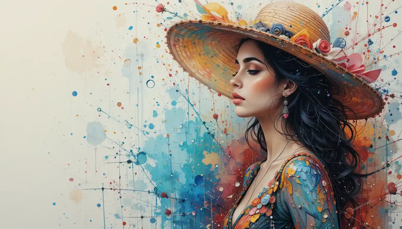 Oil painting of a woman with a hat and graffiti text